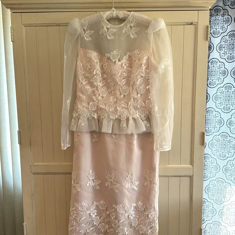 Formal designer dress for mother of bride or groom or other special occasion.